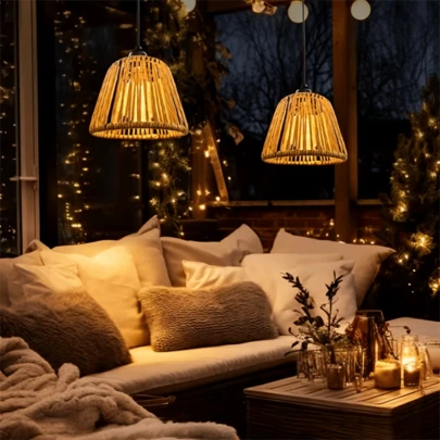 1件装藤编吊灯，波西米亚风藤编吊灯，带定时器的藤编灯罩，电池供电，非常适合作为沿海风格的吊灯，用于厨房岛台、露台、树木、凉棚、亭子和门廊等场所。