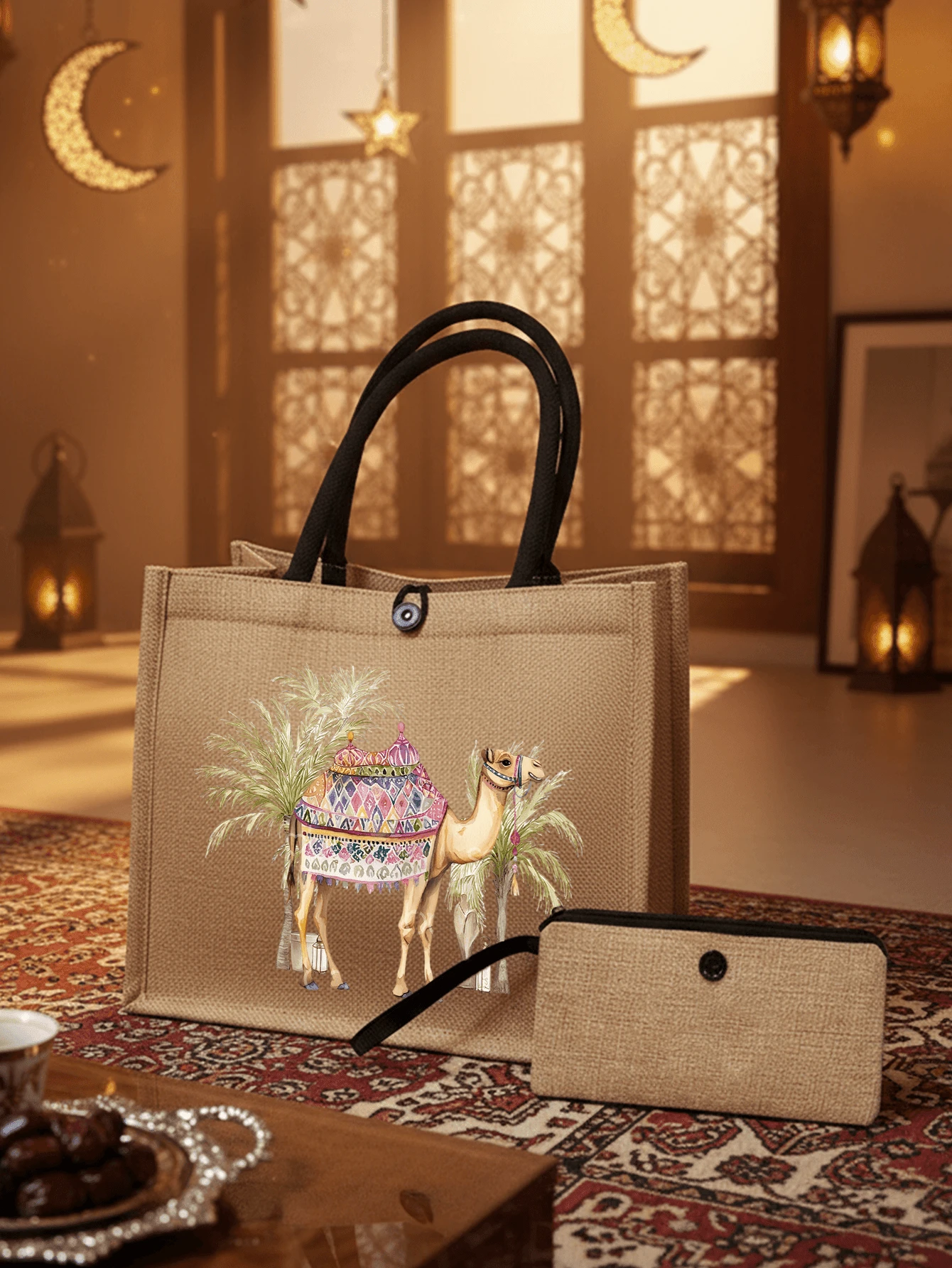 骆驼与棕榈树印花帆布手提袋，内含可重复使用的骆驼图案化妆包，充满节日氛围的温馨家居装饰，印有祝福语，伊斯兰礼物，开斋节礼物，斋月祝福，开斋节快乐，便携式单肩包，轻便旅行沙滩包 - 彩色 - 查看 1
