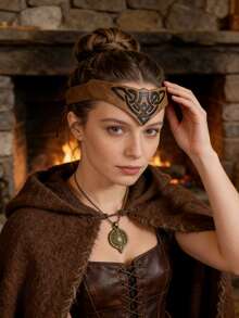 1件维京风格黑/棕色PU皮革头带，饰有精美凯尔特图案——中世纪角色扮演节日配饰 - A - 查看 3