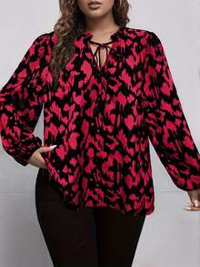 Women's V-Neck Leopard Print Tie-Up Puff Sleeve Casual Shirt Vacation Spring - Red - View 1