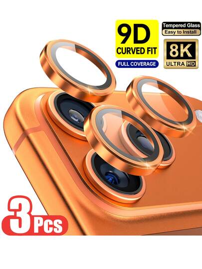 3片装橙色防刮高清独立摄像头镜头保护膜，兼容 17 Pro Max/17 Pro/16 Plus/16/15 Pro Max/15 Pro/14 Pro Max/14 Pro，超耐用镜头保护膜，9H钢化金属摄像头屏幕保护膜，超薄摄像头盖环，完美贴合，易于安装