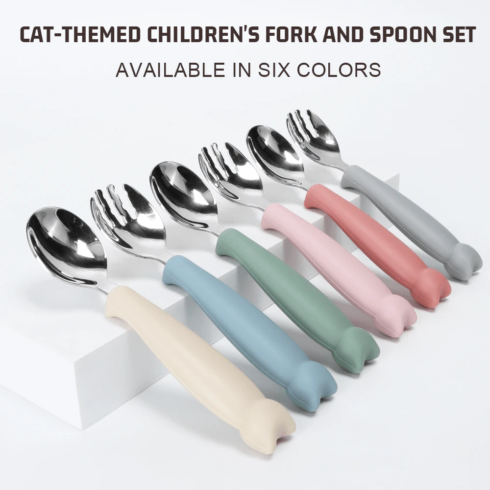 2 pezzi Set di posate in silicone e acciaio inossidabile 304 - Forchetta e cucchiaio a forma di cartone animato, facili da usare, regalo ideale per bambini, adatto per feste di bambini, compleanni o Natale - Multicolore - Visualizzare 1