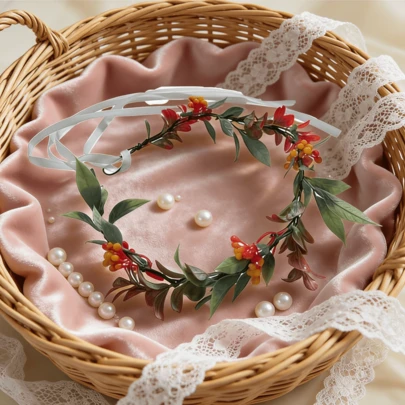 Corona de flores con hojas, bayas y estilo bohemio, hecha a mano para novia y niña de las flores para el Día de San Valentín