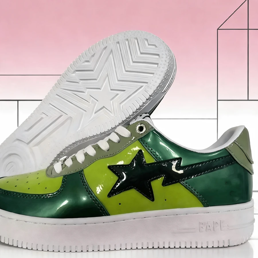 BPE ASK8 Leather Skate Shoes | Unisex Low-Top Sneakers For Couples | Streetwear, Skateboarding, Casual Everyday Wear - 黃綠色 - 查看 1