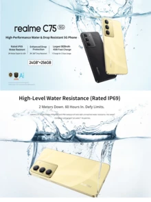 Realme Điện thoại thông minh C75 5G, mẫu mới năm 2025, 8GB+256GB, chống nước IP69 và chống sốc chuẩn quân đội, pin 5828mAh, sạc nhanh 45W, màn hình 120Hz, camera AI 50MP, Android 15, màu Đen Bão/Vàng Sét - Vàng - Xem 3