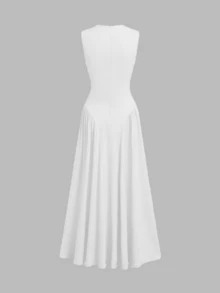 Robe de cocktail mini élégante à col rond sans manches, taille froncée, coupe slim, couleur unie élégante. Robes d'été pour femmes blanches - Blanc - Voir 8