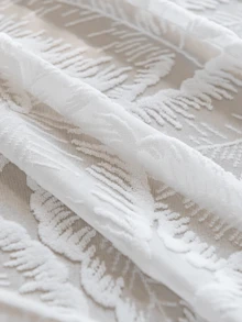 1件法式白色薄纱窗帘，带有3D浮雕叶子刺绣图案，遮光，适用于卧室、客厅、阳台 - 白色 - 查看 3