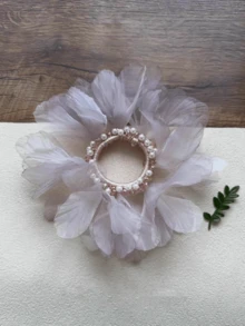 Fairy Tale Sheer Floral Petal & Pearl Beaded Hair Scrunchie, Floral Petal Hair Tie Ponytail Holder Hair Accessory For Spring/Summer - Multicolor - View 3
