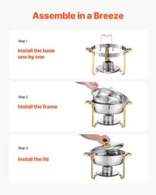 5QT 4 Packs Chafing Dish Buffet Set Gold Accent,  Round 316 Stainless Steel Buffet Warmer Chafers And Warmers Sets With Glass Lid & Lid Holder For Valentine's Day Gatherings Catering Events Parties Weddings Dinners - 半鍍金鋼蓋帶梅花夾 - 查看 10