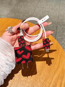 红色爱心图案手机壳及充电头保护套，柔软皮革质感，全包防摔设计，高端防护手机壳，兼容 17/17 Pro Max/17 Pro/Air/16/11/13 Pro/15 Pro/15/13 Pro Max，16 Pro Max 也兼容 14/13/12，防摔材质，全包设计，适用于 17 Pro Max 手机，防弯折，防猫咬，硅胶材质，女士礼物，情人节礼物 - 黑色 - 查看 5