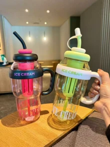 1pc High Capacity Water Bottle, Stylish Insulated Cup With Handle And Straw, Plastic Tumbler - Multicolor - View 1