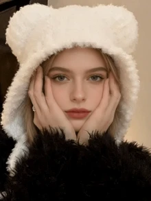 1顶可爱毛绒熊耳针织帽，保暖护耳飞行员帽，时尚毛绒护耳针织帽（女款） - 多色 - 查看 12