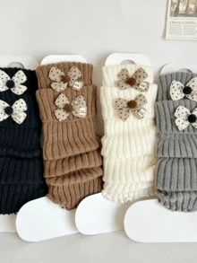 1双白色芭蕾舞风格蝴蝶结装饰腿套，保暖舒适，日式风格，适合秋冬季穿着 - 彩色 - 查看 10