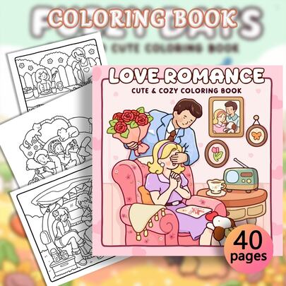 40 Pages 190g "LOVE ROMANCE" Soft & Healing Coloring Book - Cozy Home & Date Night Scenes, Thick Paper High-Quality Stress Relief Coloring Book, Valentine's Day Couples Gift