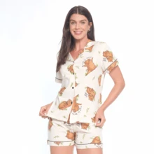 Pijama Americano Feminino Amamentação Baby Doll 100% Algodão Malha Confortável - Capivara - Visão 5