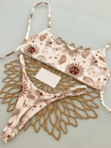 两件套波西米亚豹纹星形印花休闲可爱优雅性感扎染钩编撞色滚边比基尼泳衣，适合海滩度假、春夏假期 - 彩色 - 查看 3