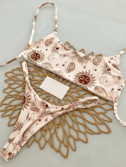 2pcs Bohemian Leopard Star Print Casual Cute Elegant Sexy Tie-Dye Crochet Contrast Trim Bikini Swimwear, Beach Holiday, Spring/Summer