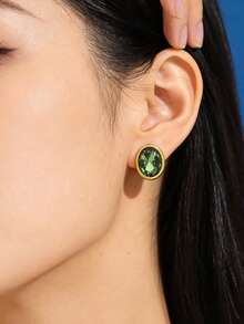 VceTd 一对简约浪漫的椭圆形不锈钢耳环，镶嵌多巴胺色玻璃，适合女性日常通勤、旅行、节日派对、情人节礼物。 - 金黃色 - 查看 4