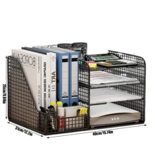 Organizadores de escritorio y accesorios, organizador de archivos de bandeja de papel de 4 niveles con portalápices, accesorios de escritorio de oficina para suministros de oficina, para oficina y hogar. - Negro - Ver 4