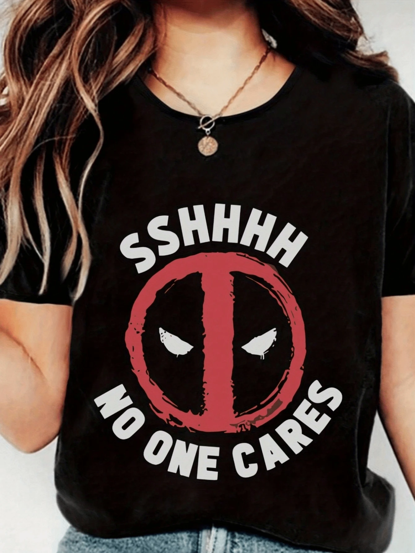 Womens Casual Black Deadpool Graphic Tee Round Neck Short Sleeve Regular Fit T-Shirt Sarcastic Quote Knitted Fabric Top - 黑色 - 查看 1