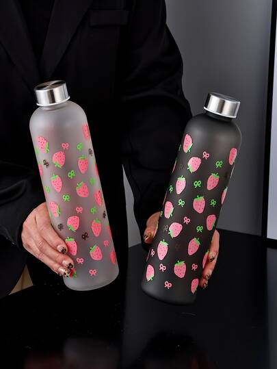 1000ml Frosted Water Bottle With Strawberry Element, Large Capacity Water Cup For School, Outdoor, Camping, Hiking, Portable