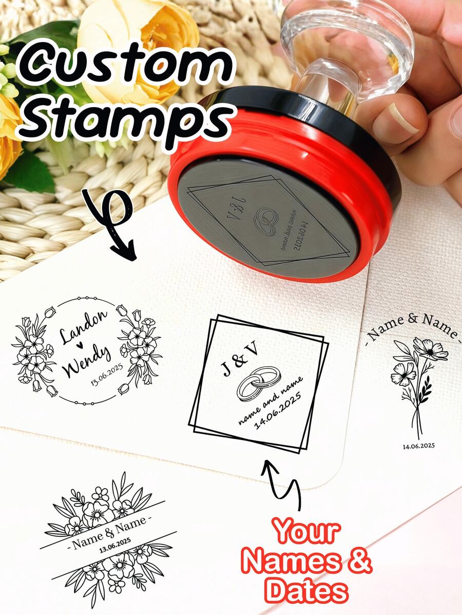 1pc Personalized Custom Round Design Wedding Stamp, Red/Black Ink, Auto-Inking Photo Stamp, Anniversary Stamp, Personalized Wedding Stamp, Pet Stamp, Text Stamp, Date Stamp, Contract Stamp, Wedding Stamp, Personalized Name Stamp, Custom Address Stamp, Customizable Signature Stamp, Business Personalized Stamp, Birthday Gift, Bride & Groom, Envelopes, Parties, Engagement Stamp, Wedding Stamp, Special Stamp. - Multicolor - View 1