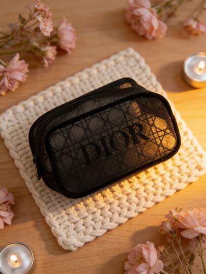 Christian Dior Black Mesh Embroidered Cosmetic Bag - Portable Makeup Storage Pouch, Suitable For Small Cosmetics, Lipsticks And Makeup Brushes, Essential For Travel, School, Vacation, Zipper Closure