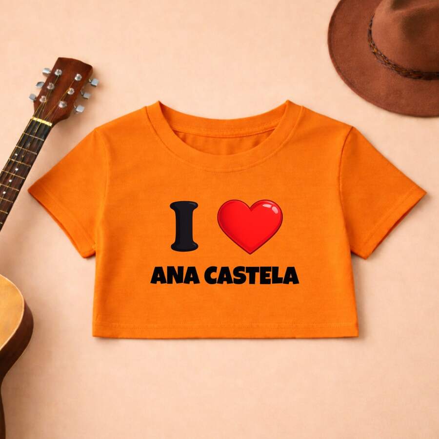 Cropped Meninas Ana Castela I Love Estampa Exclusiva Country Chic Infantil E juvenil Verão - Laranja - Visão 1