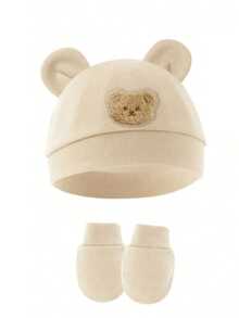 婴儿熊耳帽带防抓手套，婴儿针织帽，适合0-6个月婴儿 - 2pcs - 查看 3