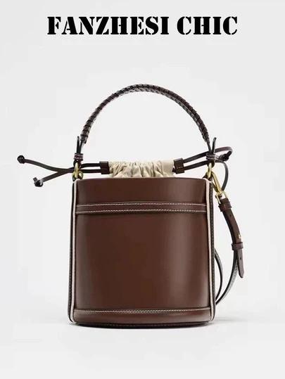 New Fashion Classic All-Match Solid Color PU Waterproof Fabric Women's Handbag, Drawstring Closure Design, Contrast Color Design Bucket Bag, Crossbody Bag. Women's Wallet, Suitable For Shopping, Commuting, Travel