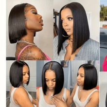 13x4蕾丝前额假发 直发短波波头假发 真人发假发 巴西预拔毛蕾丝前额真人发假发 女士真人发 - Natural Black - 查看 3
