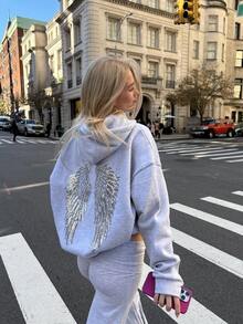 Casual Embroidered Angel Wings Sweatshirt - Light Grey - View 1