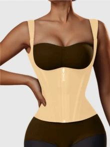 1 Stück einfarbiger, extrem enger Bauch formender BH, versteckt Oberarmfett, tiefer U-förmiger Büstenhalter, verstellbare Knöpfe, schlankmachendes Shapewear - Aprikosenfarben - Übersicht 6