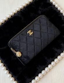 CHANEL Black Velvet Portable Makeup Bag, Lipstick Case, Coin Purse, Receipt Holder, Premium Camellia Flower Design - Black - View 1