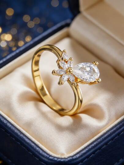 Women's Gold-Plated Cubic Zirconia Ring, Minimalist Water Drop Shape Main Stone With Butterfly Accent Design, Versatile Elegant Style For Daily Wear, Casual Or Commute, Fashionable Birthday Gift
