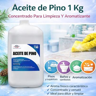 Aceite De Pino 1 Kg Concentrado Para Limpieza Y Aromatizante Producto Multiusos Para Limpieza General Y Aromatización De Espacios Utilizado En Preparación De Soluciones De Limpieza Para Pisos Baños Sanitarios Cocinas Áreas Comunes Y Superficies Lavables Ideal Para Uso Doméstico Profesional Y Comercial En Hogar Oficinas Negocios Restaurantes Escuelas Talleres Hoteles Y Espacios De Alto Tránsito Aporta Aroma Característico A Pino Durante La Limpieza Adecuado Para Uso En Procesos De Limpieza Regular Mantenimiento Diario Y Preparaciones De Limpieza De Uso General Presentación 1 Kg Concentrada De Buen Rendimiento Para Uso Frecuente Y Aplicaciones De Limpieza En Diferentes Entornos