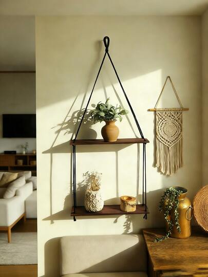 1 件装中性色简约装饰悬挂式壁挂置物架，节省空间，波西米亚农舍风格，垂直三角形双层设计，绳索悬挂结构，线条简洁，功能性家居装饰，适合摆放植物、收纳物品，可用于客厅、卧室、浴室、厨房、玄关、窗边、墙面、公寓、宿舍等小空间。