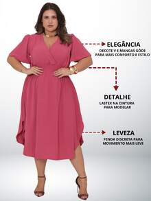 Women's Plus Size Midi Wrap Dress With Short Sleeves - Duna - Hoa hồng Hoa hồng - Xem 2