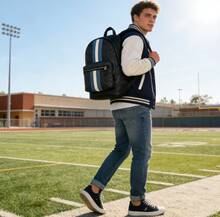 Coach West Backpack In Signature Canvas With Varsity Stripe Men's Large Shoulder Bag 3001 - Denim Blue and Chalk White - View 2