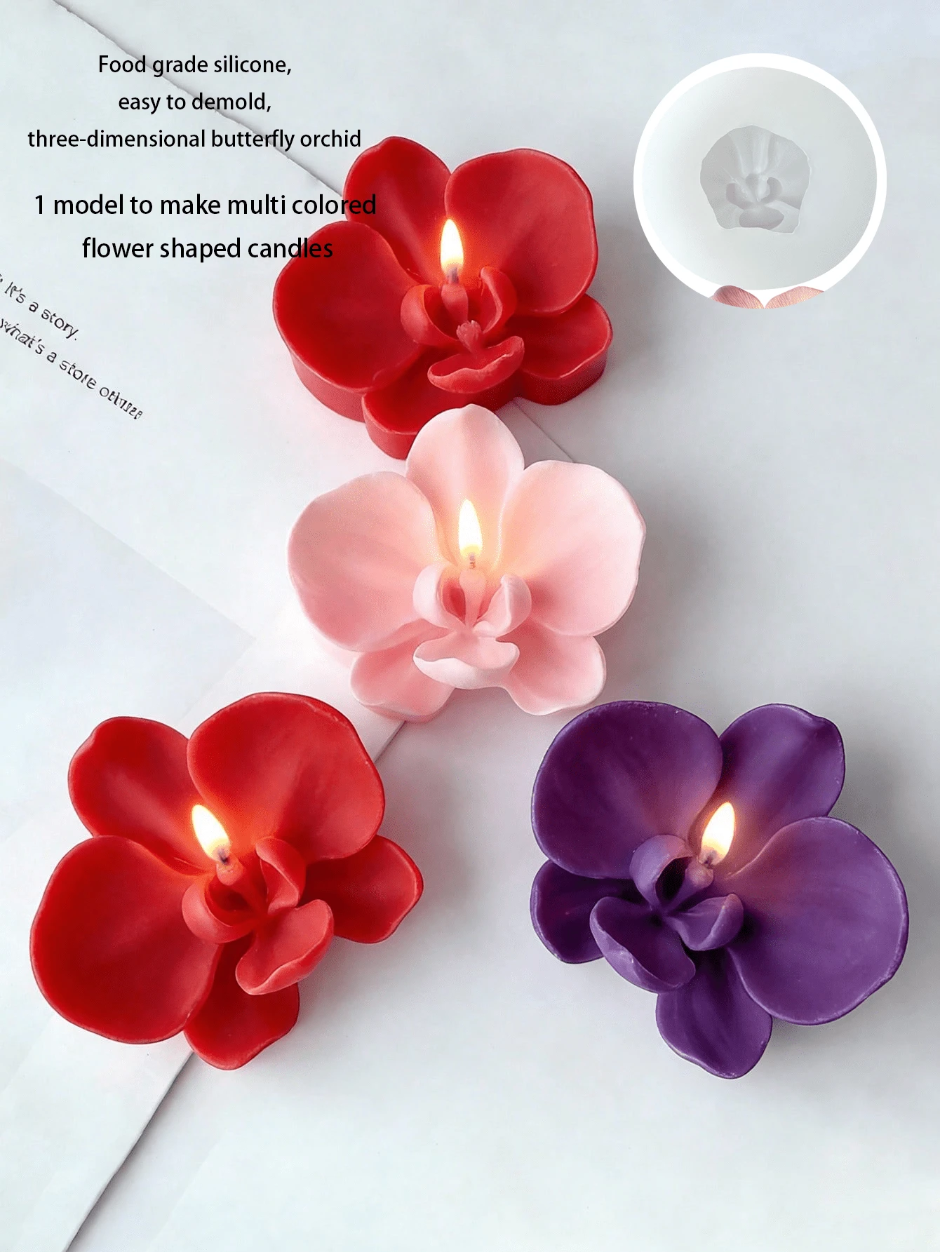 新款玫瑰硅胶模具 | 3D蝴蝶兰香皂蜡烛装饰工具 | 树脂粘土手工DIY模具套装（含莲花） | 适用于婚礼、毕业派对礼物、石膏工艺品、香薰蜡烛 - 白色 - 查看 1