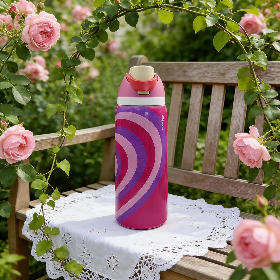 Owa Laa Bright Pink With Heart-Shaped Ripple Pattern On The Surface Large Capacity Stainless Steel Water Bottle,32oz/945ml,With A Straw,Exquisite Appearance,Keeps Drinks Hot Or Cold,Can Hold Iced Drinks And Water,Suitable For Leisure,Work,Sports,Indoors And Outdoors,Suitable For Students And Office Workers,As A Gift - bright pink - 查看 1