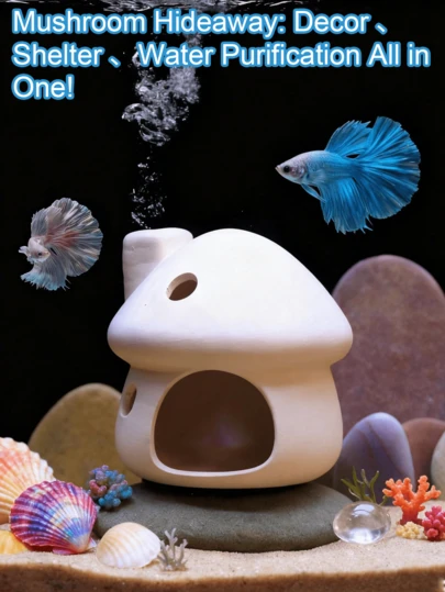 1pc Simulated Mushroom Shaped Fish & Shrimp Hiding Cave, Small Ceramic Sculpture Craft, Fish Tank Hidden Shelter, Cute Mushroom Aquarium Hiding Cave Suitable For Betta Fish And Shrimp, Porous Ceramic Cave Shelter, Aquarium Decor, For Water Purification. Multifunctional Fish Hiding Cave, Suitable For Breeding, Resting And Safety, Great For Aquarium Hobbyists And Pet Owners, Easy To Place Ceramic Aquarium Decor.