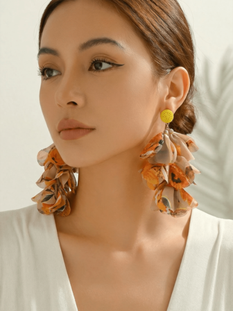Bold Bohemian Style Yellow Chiffon Handmade Multi-Layer Petal Dangle Earrings, Suitable For Tropical Beach, Pool Party Wear