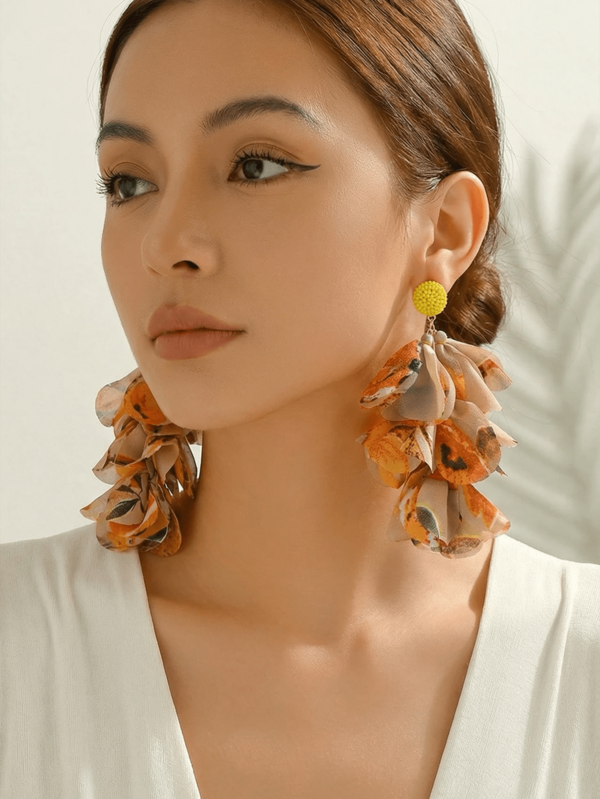 Bold Bohemian Style Yellow Chiffon Handmade Multi-Layer Petal Dangle Earrings, Suitable For Tropical Beach, Pool Party Wear