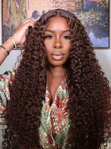 Uveous Chocolate Brown 13X4 Deep Wave Lace Front Wigs Human Hair 200 Density 13x4 HD Lace Frontal Wigs Deep Curly Human Hair Wig For Women Pre Plucked With Baby Hair Natural Hairline 4# Brown Color - 4# - 查看 2