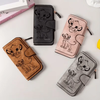 Disney 迪士尼设计的狮子王辛巴钱包 - 拉链零钱包，多卡位 - 女士日常便携钱包（迪士尼官方授权产品） - 生日圣诞礼物推荐，纹理信用卡夹，狮子王粉丝必备收藏