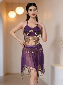 Belly Dance Mesh Halter Crop Top With Dangling Coins, Asymmetric Sheer Skirt With Coin Trim For Stage Performance & Carnival - Multicolor - View 15