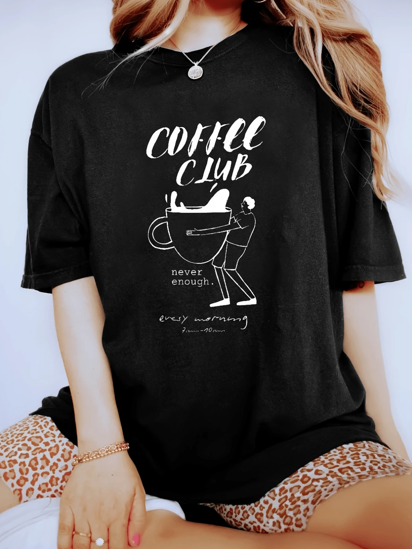 Women's Casual Short Sleeve Round Neck Knitted Fabric Regular T-Shirt With Coffee Club Graphic Print - Black - View 1