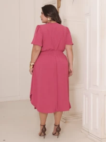 Women's Plus Size Midi Wrap Dress With Short Sleeves - Duna - Hoa hồng Hoa hồng - Xem 5
