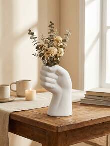 1个独特的手工雕刻陶瓷质感塑料花瓶，现代波西米亚农舍极简风格，白色纹理艺术装饰，空心手形，高挑设计，适合插放蒲苇草、干花和人造花，家居装饰中心摆件，适用于客厅、卧室、婚礼、春季餐桌装饰 - 多色 - 查看 6